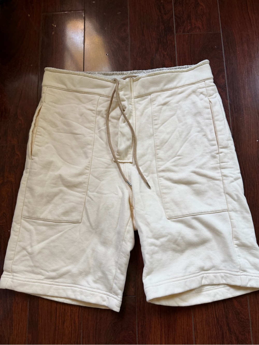 Men's Cream Drawstring Athletic Shorts with Front Patch Pockets
